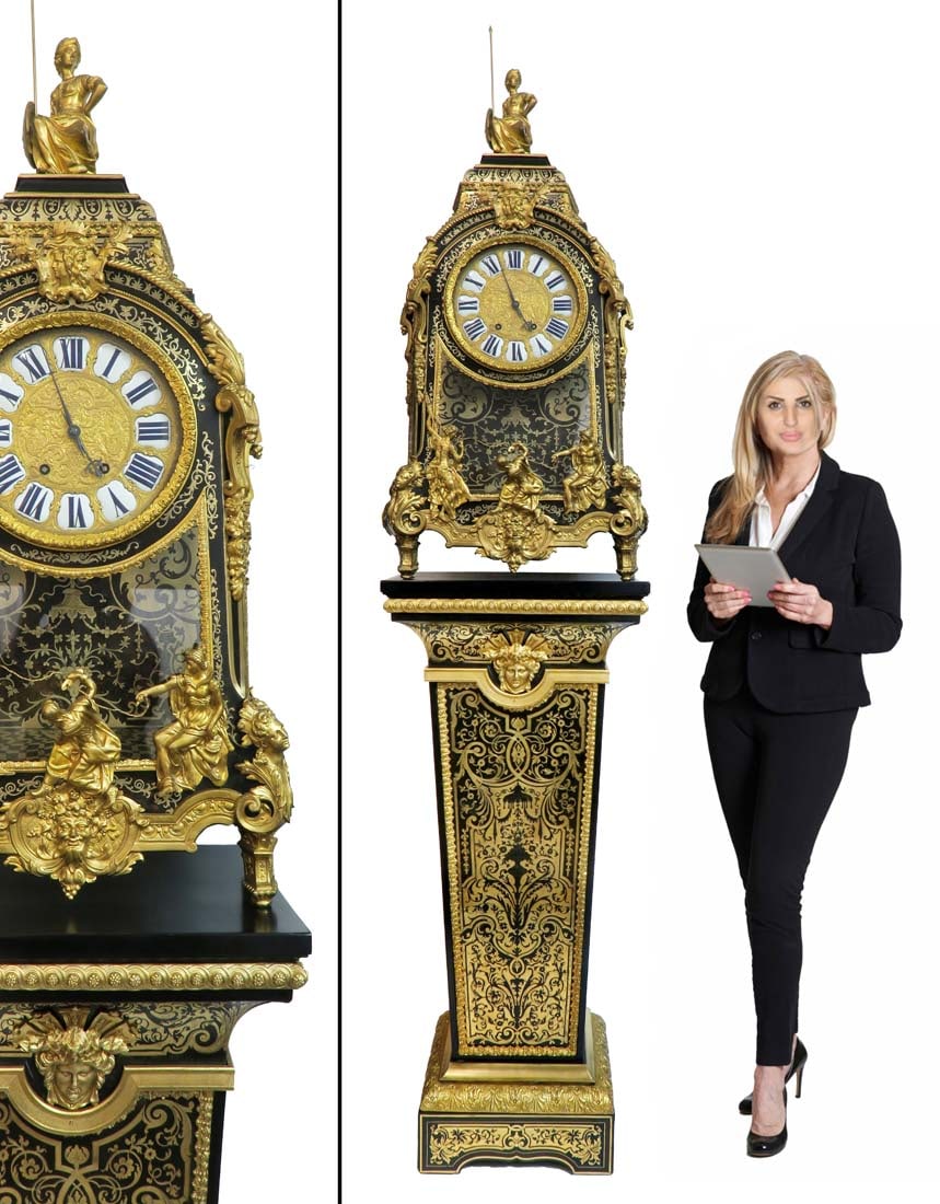 19th C. BRONZE BOULLE FIGURAL CLOCK ON PEDESTAL: 19th C. FRENCH ORMOLU-MOUNTED BRONZE-INLAID "BOULLE" FIGURAL CLOCK AND PEDESTAL. H 93"