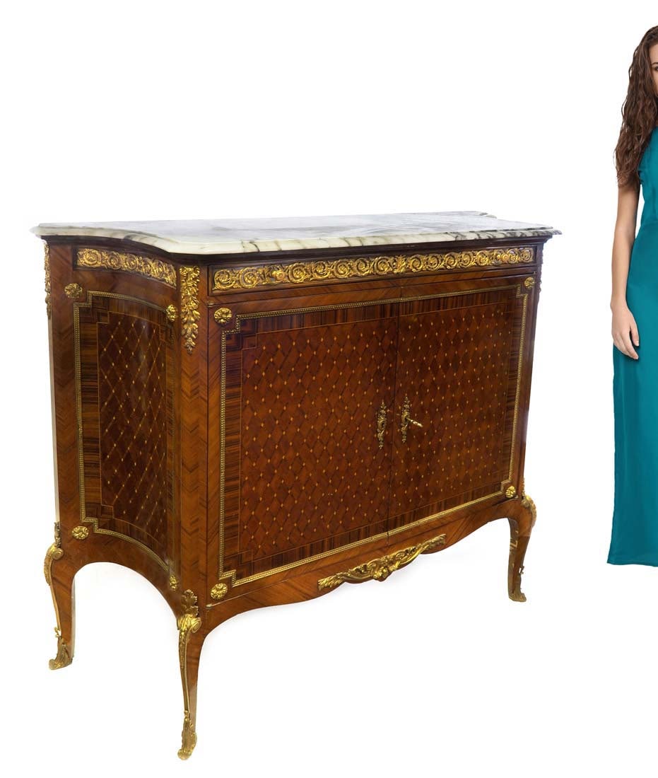 Large 19th C French Bronze/Parquetry Marble Top Commode: Large French Bronze & Parquetry Marble Top Commode/Cabinet. 19th Century. H 45.1/2" x 52" x 18"