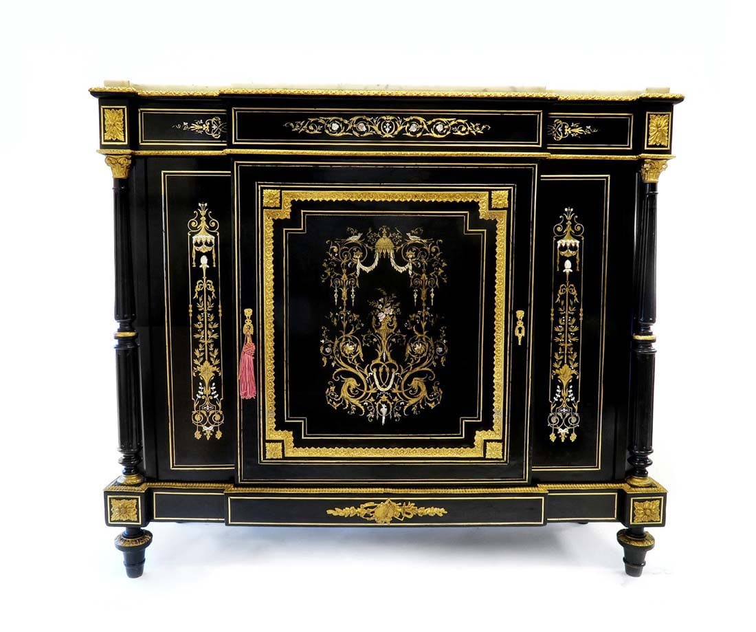Charles Guillaume Diehl Bronze Ebonised Inlaid Cabinet: A NAPOLEON III BRONZE MOUNTED EBONISED AND BRASS-INLAID SIDE CABINET BY CHARLES-GUILLAUME DIEHL, THIRD QUARTER OF 19TH CENTURY. With a white veined marble top above a door enclosing two shelves, on