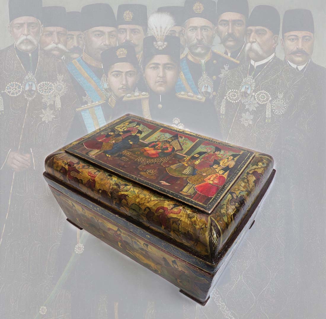 Large 19th C. Persian Qajar Wooden Box. Museum Quality: Large 19th C. Persian Qajar Wooden Box. Museum Quality. A very similar box is currently displayed in a museum in Tabriz (Iran), Sizes: 16.1" x 11.1" x H 8"