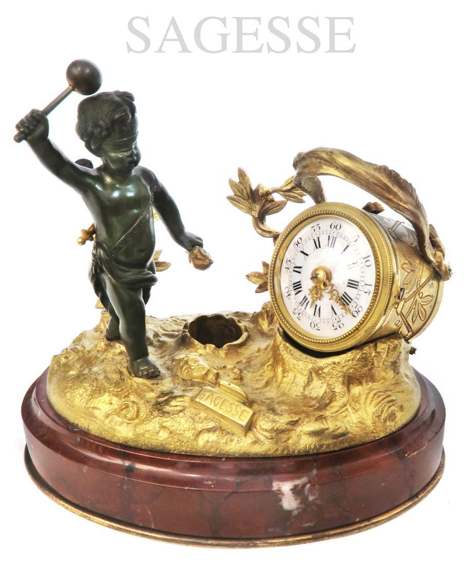 19th C. SAGESSE Patinated/Gilt Bronze Inkwell clock: 19th C. French patinated and gilt bronze inkwell clock By SAGESSE. 7" x 4.5" x H 6"
