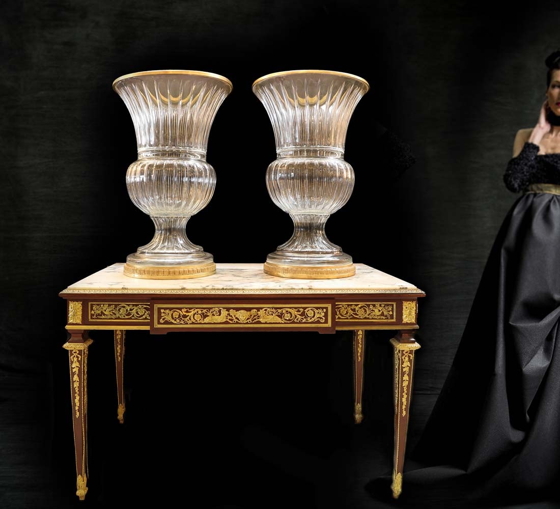 A Pair of Monumental Baccarat Style Crystal Bronze Vases: A Pair of Monumental Baccarat Style Crystal Bronze Vases. Note: The table in cover image IS NOT included! H 30.5" x W 18"