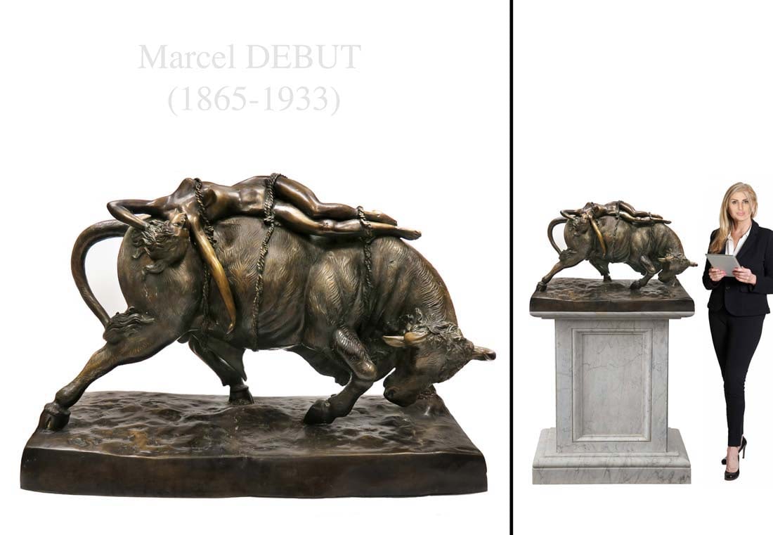 After Marcel Debut Monumental Patinated Bronze Statue: Nude Woman on Cow, Monumental Art Deco Patinated Bronze sculpture, After Marcel Debut. Note: The pedestal is NOT included! 35" x 15" x H 23"