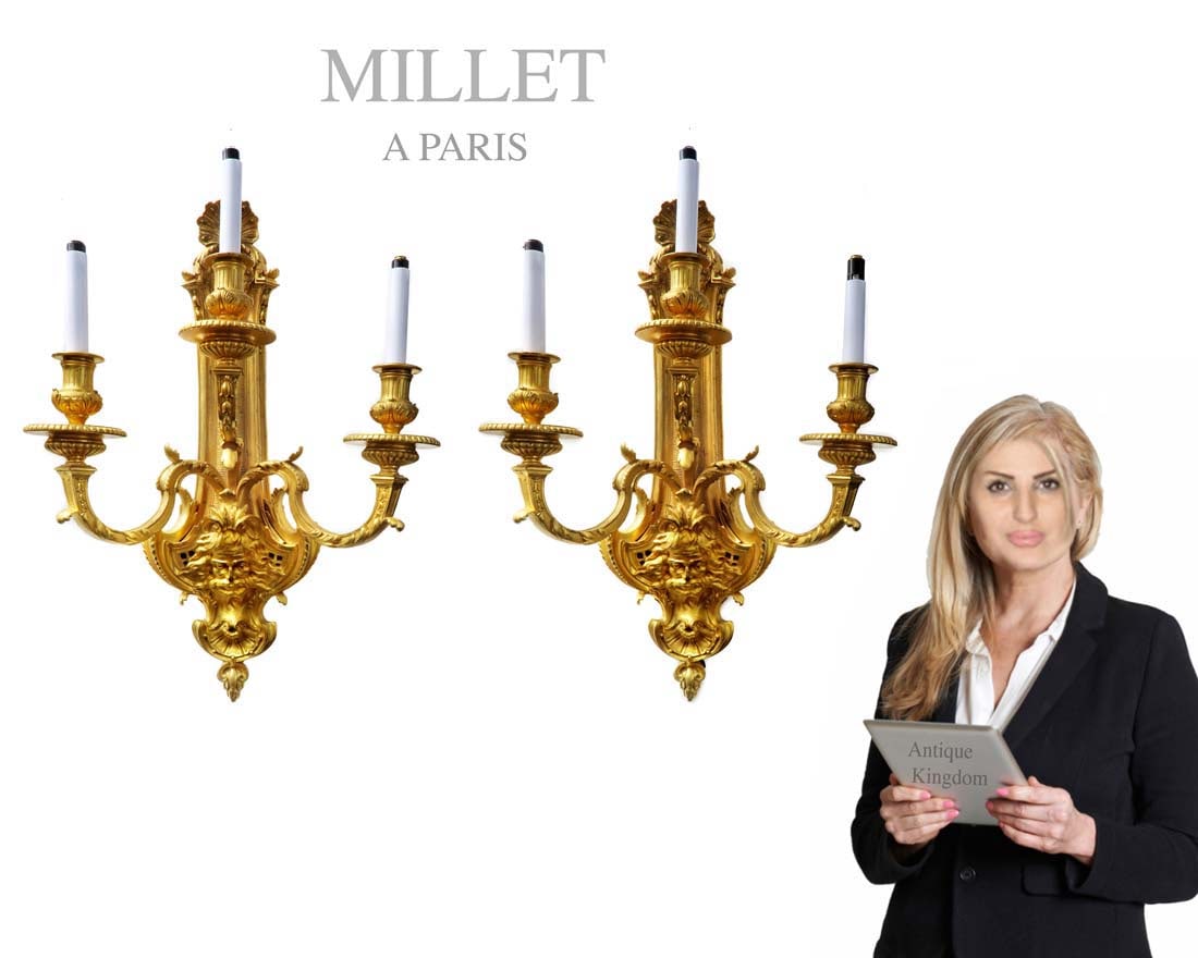 A Pair of 19th C. Millet Figural Gilt Bronze Sconces: A Pair of 19TH C. French FIGURAL Gilt Bronze Sconces signed "Millet a Paris". H 24"