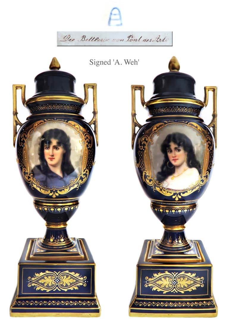 19th C. Pair of Royal Vienna Vases, A. Weh Signed: 19th C. Pair of Royal Vienna Covered Hand Painted Porcelain Vases Signed by "A. Weh". H 13.1/2"