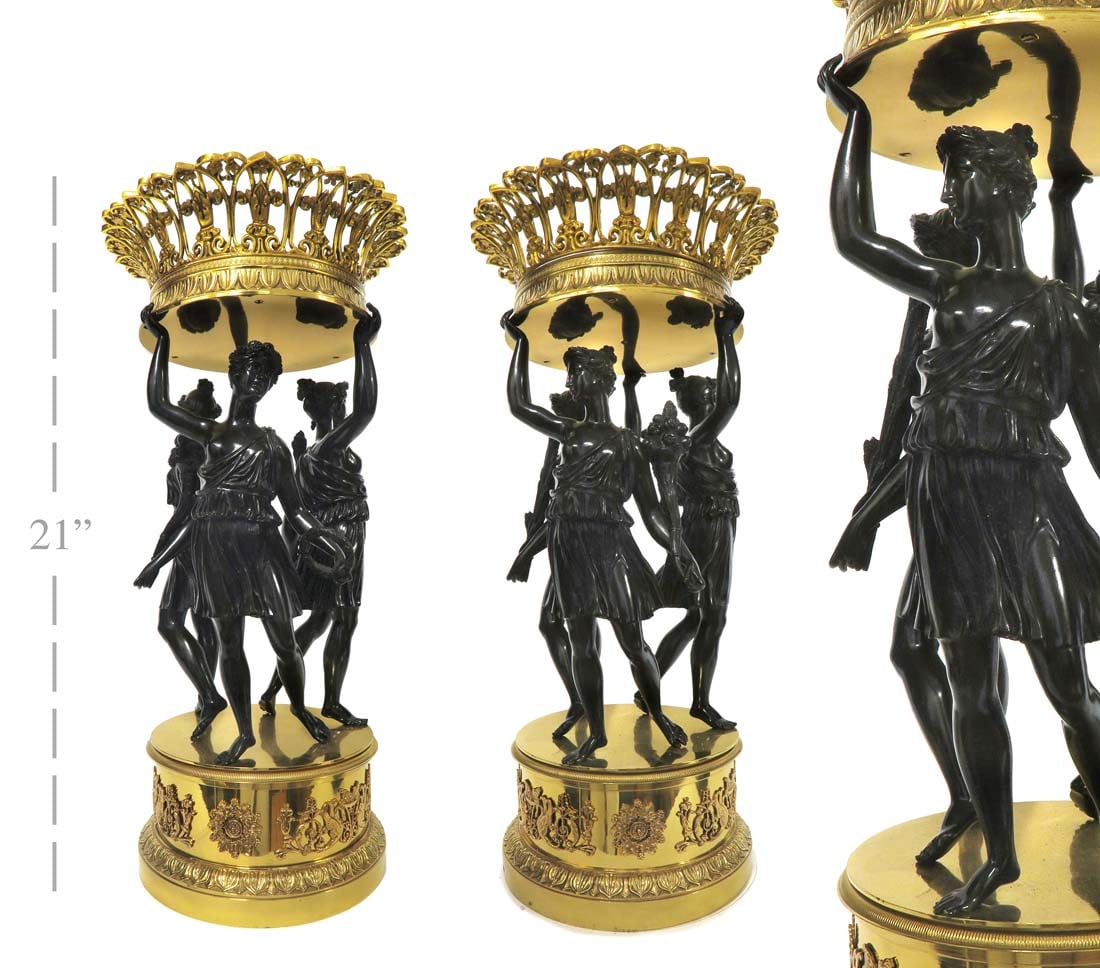 A PAIR OF LARGE EMPIRE-STYLE FIGURAL BRONZE CENTERPIECE: A PAIR OF 19th C. FRENCH LARGE EMPIRE-STYLE FIGURAL BRONZE CENTERPIECE. H 21"