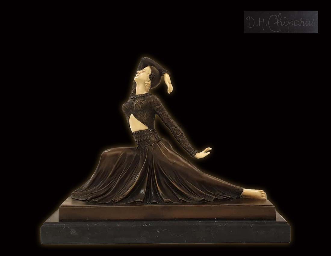 The Dancer, After D.H.CHIPARUS BRONZE FIGURINE, Signed: The Dancer, After D.H.Chiparus Bronze sculpture on Marble Base, Signed. 14.5" x 5.5" x H 11". Weight : 17 LBS. About Artist: Demetre H. Chiparus, also known as Dumitru Chiparus, was born in Dorohoi,