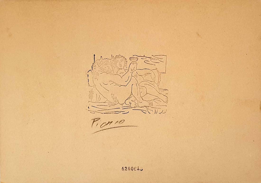 Minotauro Bebiendo y Mujer In Manner of PICASSO ETCHING Print: minotauro bebiendo y mujer, In Manner of PABLO PICASSO ETCHING PRINT (engraving on old thick cardboard), 1933. Certified and Stamped by "Musee de Orsay" in Paris & "Christie's", Musee de Orsay