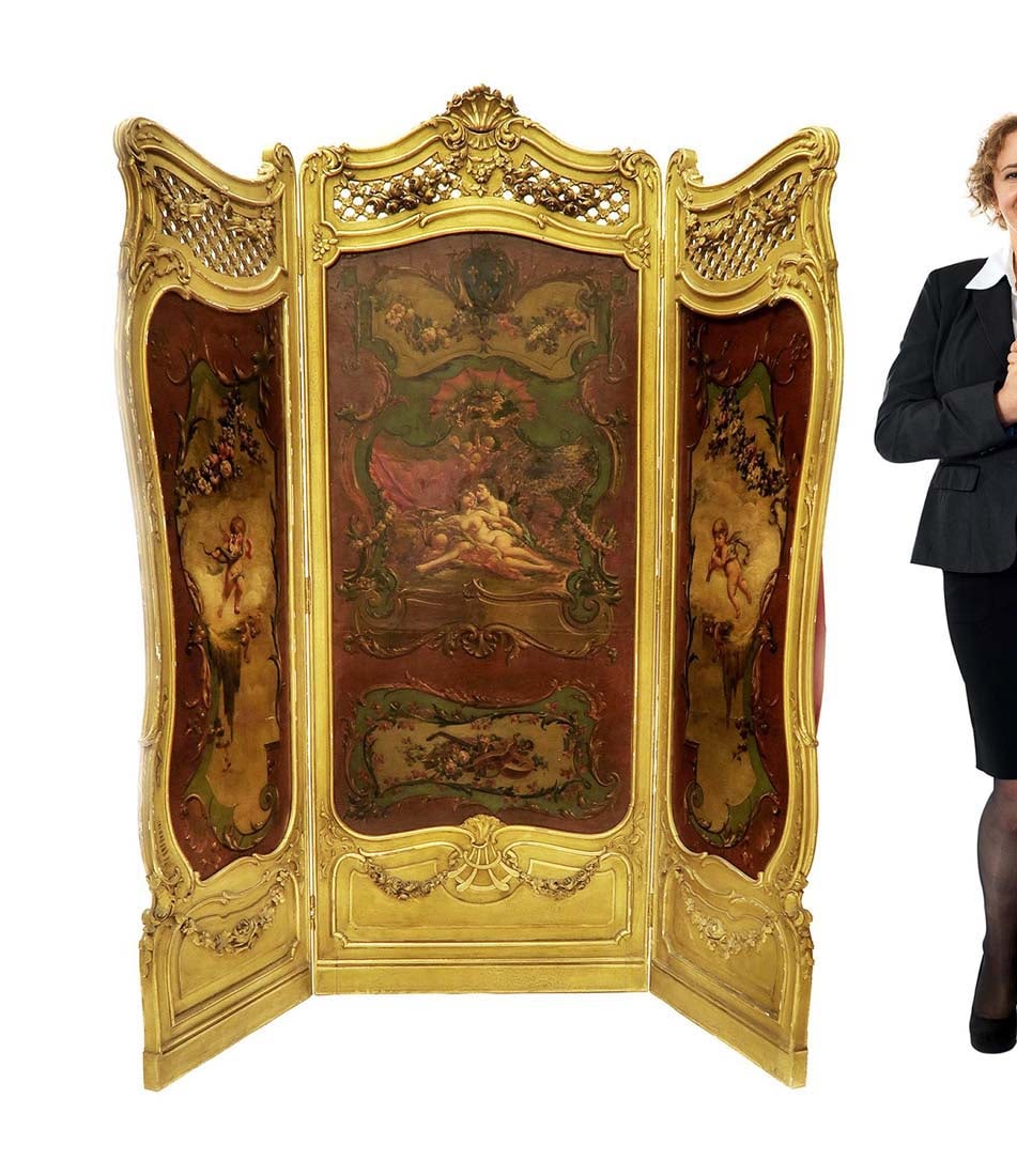 French 19th C. Louis XV 3 Panel Screen: French 19th C. Louis XV/Louis XVI Transitional 3 Panel Screen. Each panel finely hand painted with cupids garlands and flowers and finely hand carved and gilded with original 24 carat gold. Paris Circ