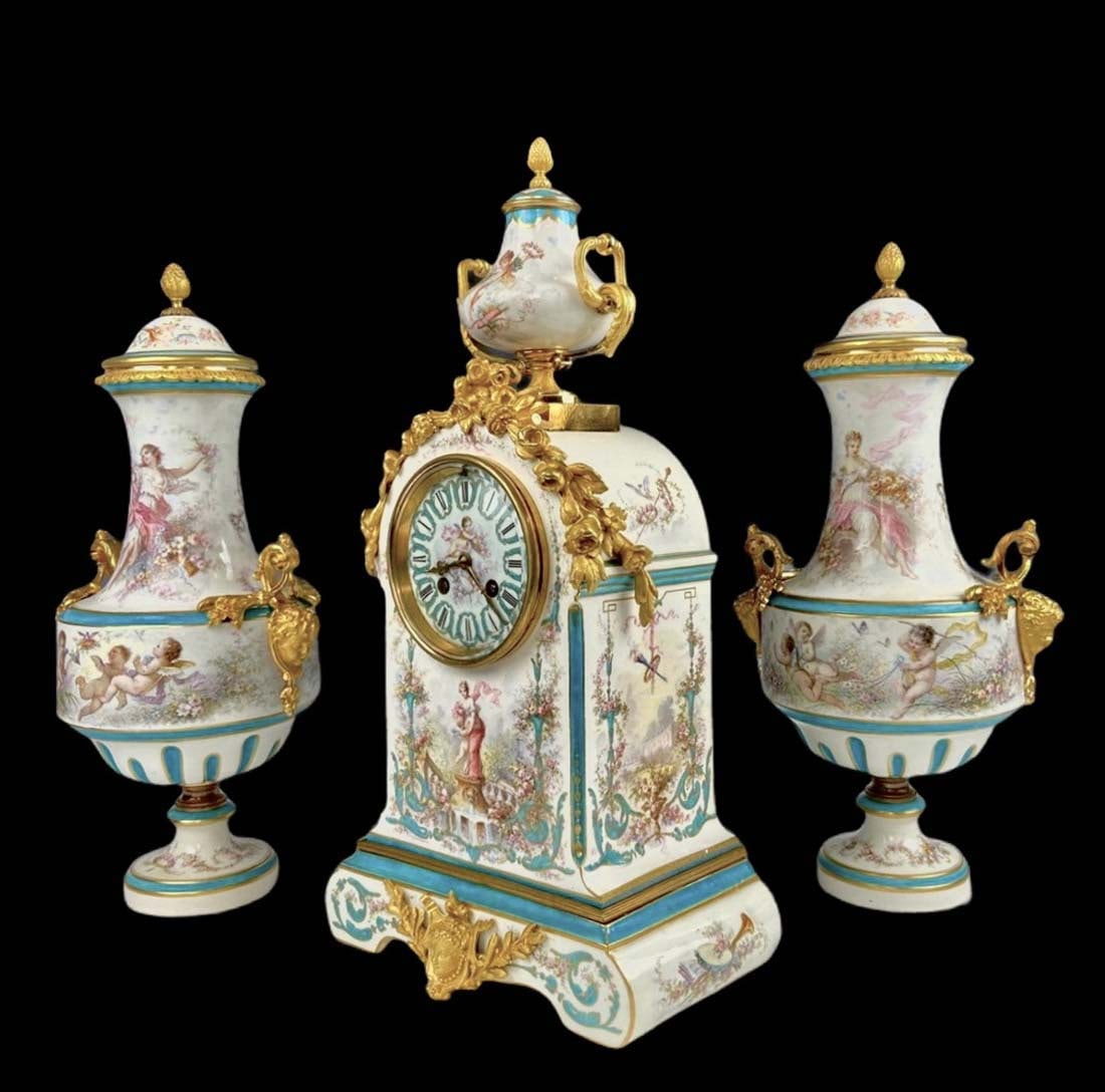 French Bronze & Sevres Hand Painted Porcelain Clock Set (1 of 13)