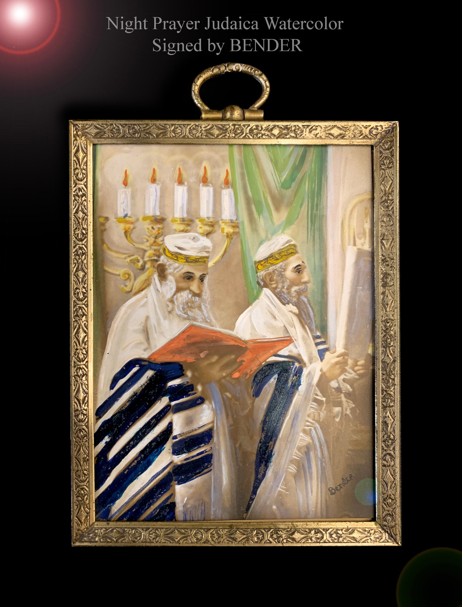 19th C. Judaica Night Prayer Silverplate Framed Watercolor Painting, Signed (1 of 4)
