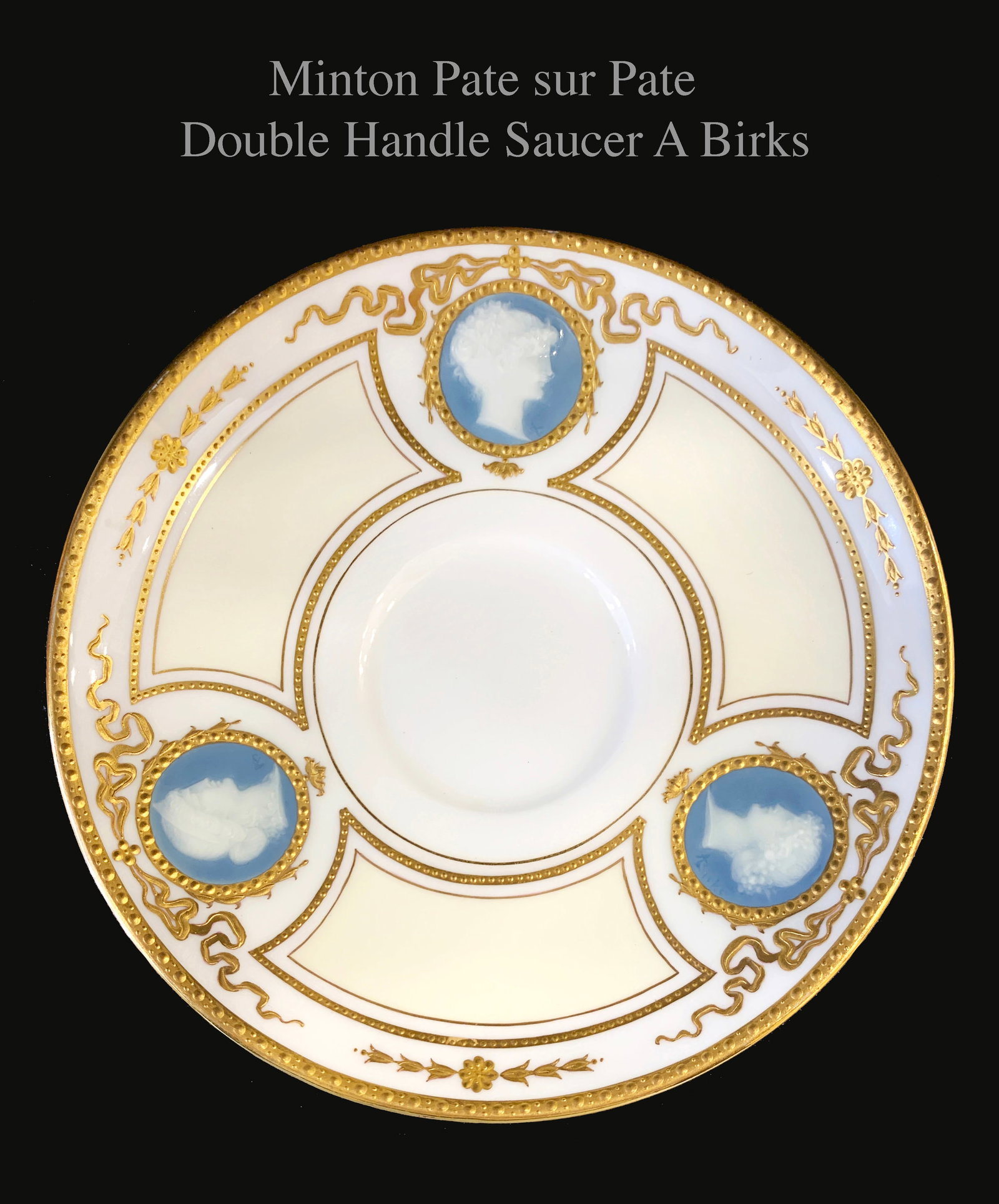 An English Minton Brik Pate-sur-Pate Porcelain Double Handle Saucer, Hallmarked: An English Minton Brik Pate-sur-Pate (paste to paste) Porcelain Double Handle Saucer, Hallmarked. D 5.75"