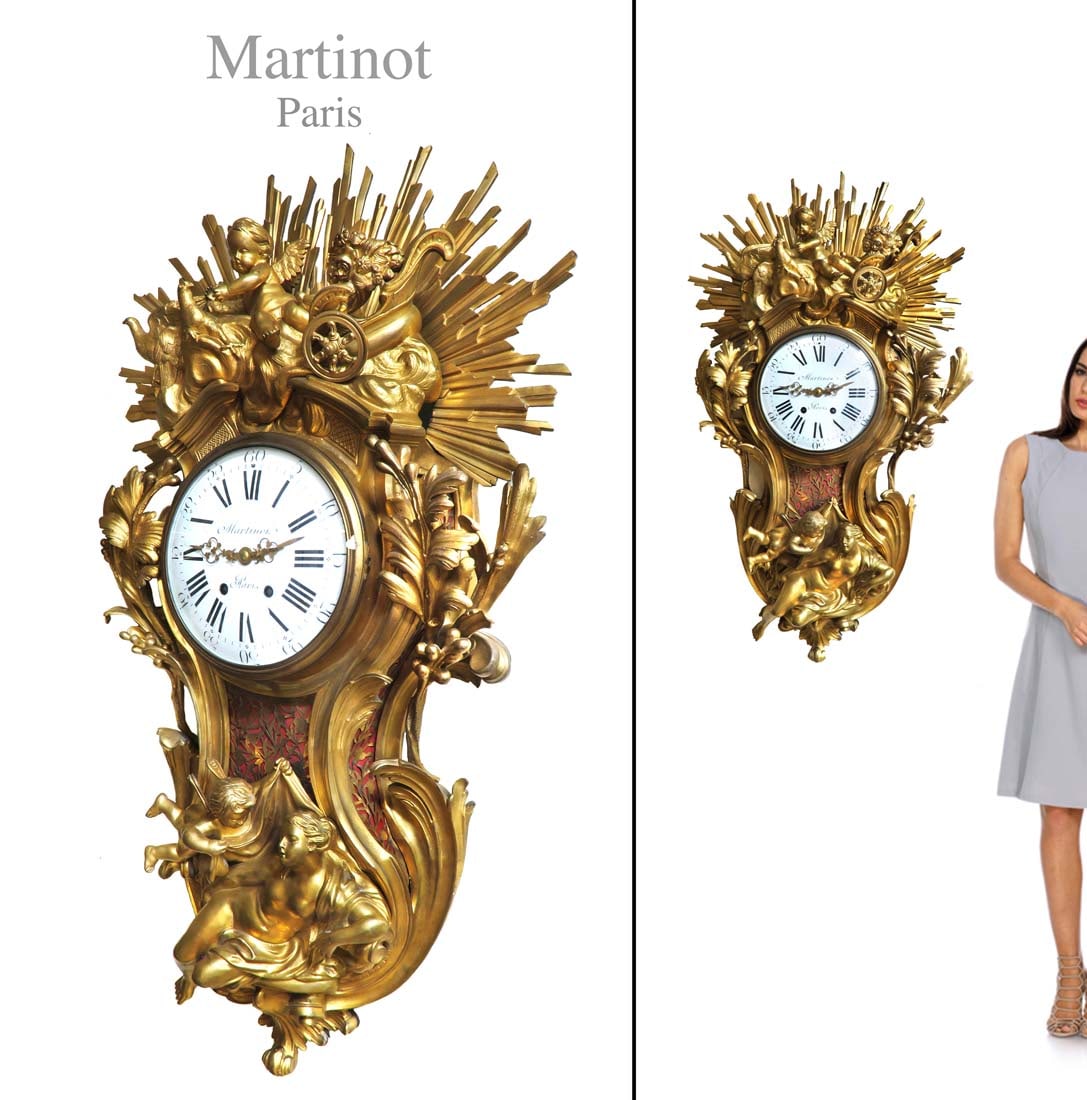 VERY LARGE GILT BRONZE CARTEL CLOCK BY MARTINOT, 19th C: 19TH C. VERY LARGE FRENCH GILT BRONZE CARTEL CLOCK BY MARTINOT. H 43" x W 24"