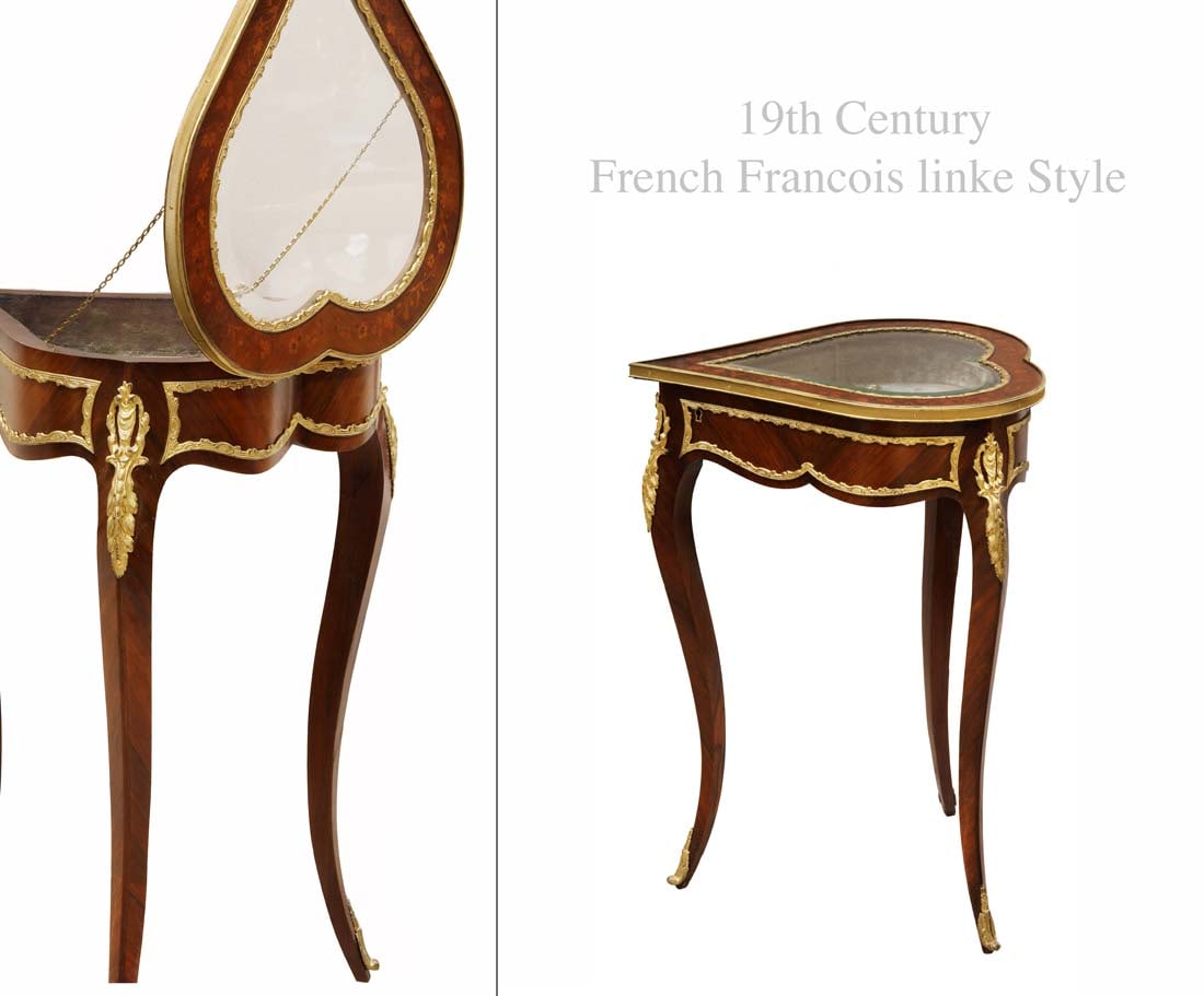 19th C. French Linke style Heart Shaped Kingwood Vitrine Table: 19th C. French Linke style Heart Shaped Kingwood Vitrine Table. H 28" x 18" x 21"