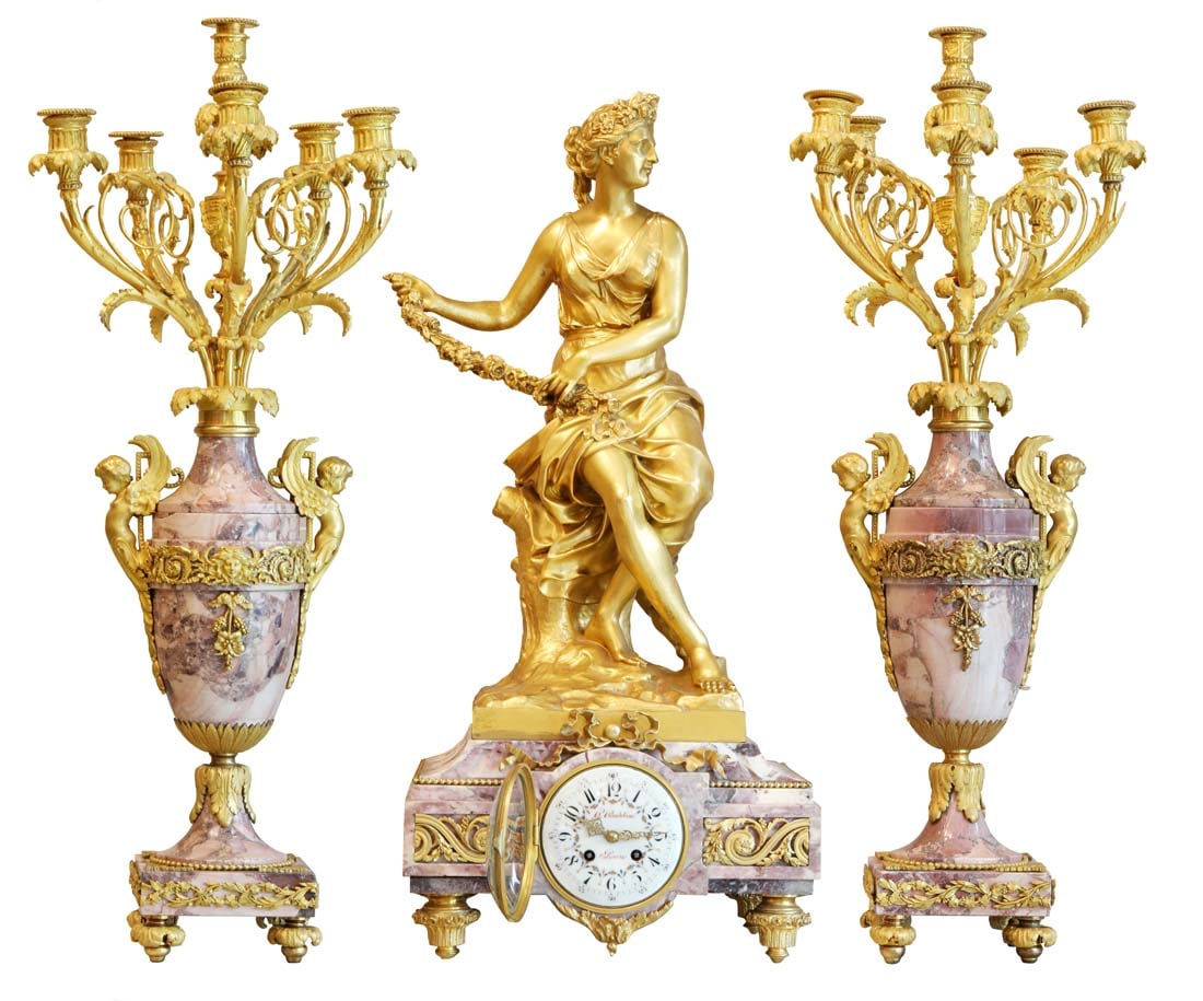 19th C. French F.Barbedienne Gilt Bronze & Rouge Marble Clock Set - 2