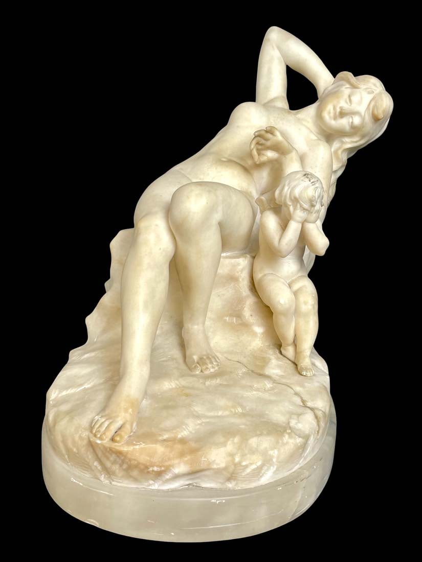 Venus & Cupid, A 19th C. French Marble Sculpture Group: Venus & Cupid, A 19th C. French Marble Figurine Statue Group. H 14.5" x 14" x 9.5"