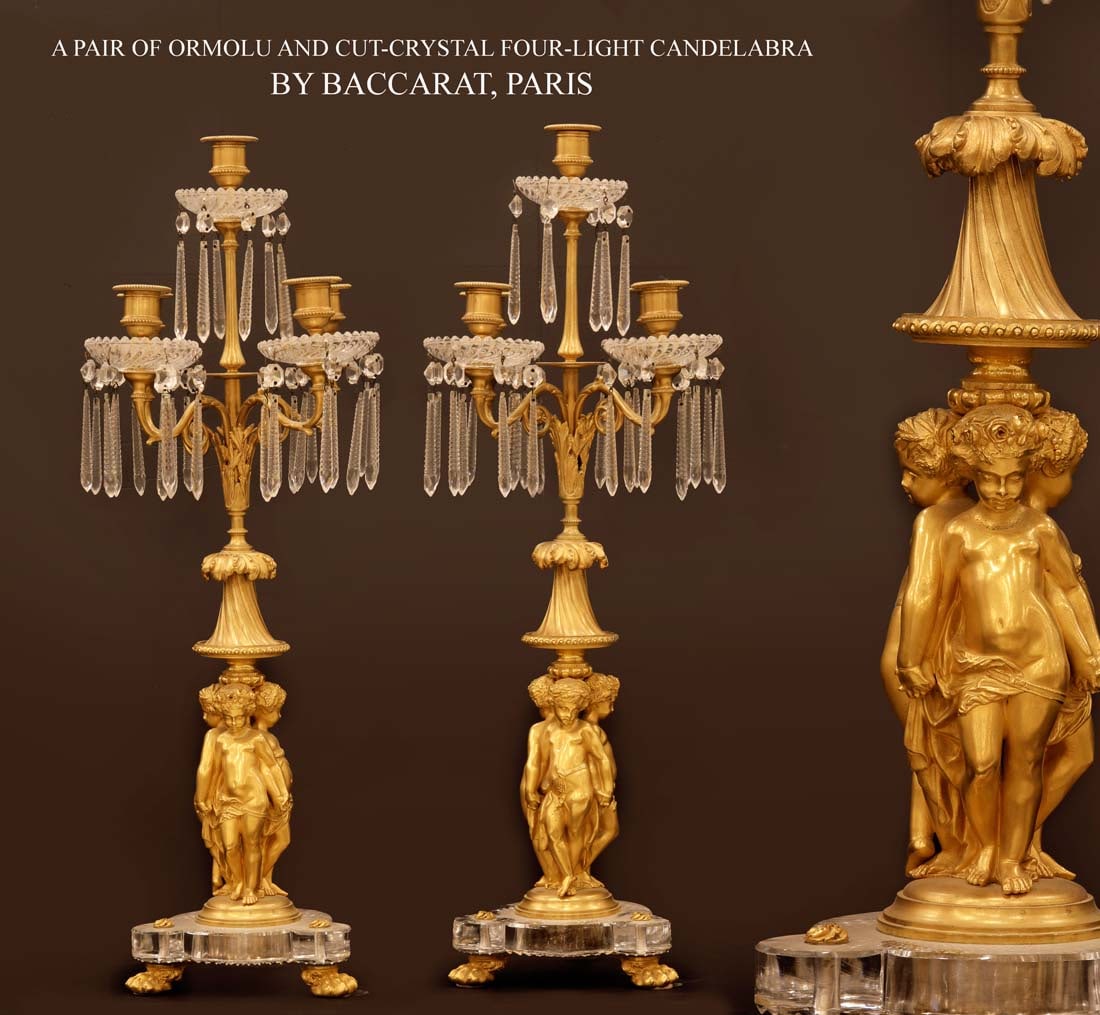 A Pair of Large 19th C. French Baccarat Crystal Figural Bronze Candelabras: A Pair of Large 19th Century French Baccarat Crystal Figural Ormolu Candelabras. H 27" x W 11.5"