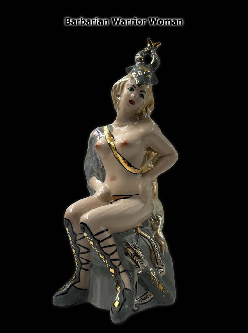 Seated Barbarian Warrior Woman, A Large 20th C. USSR Porcelain Figurine, Hallmarked: Seated Barbarian Warrior Woman, A Large Vintage 20th C. Russian (USSR) Hand Painted Porcelain Figurine, Signed. H 12" x 6" x 5"