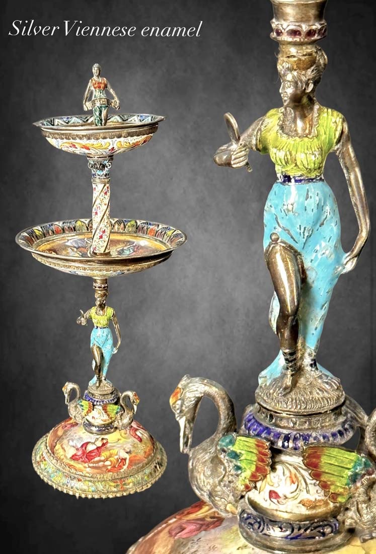 19th Century Viennese Enamel on Silver Figural Group Centerpiece: 19th Century Austrian Viennese Enamel on Silver Figural Group Centerpiece. H 9"