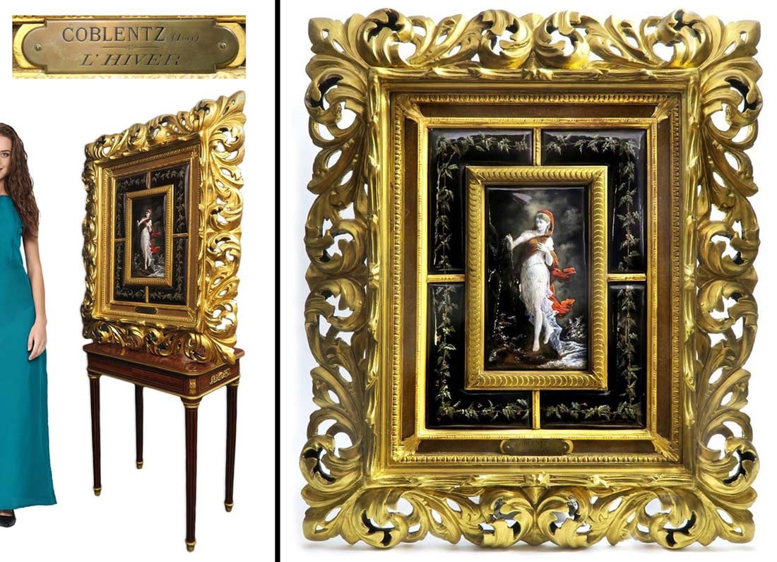 A Large 19th C. Framed Enamel on Copper: A Large 19th C. Enamel on Copper in Original Gilt Wood Frame. Museum Quality! Note: The table is NOT included! Frame: H 39" x 33", Plaque: H 22" x 16"