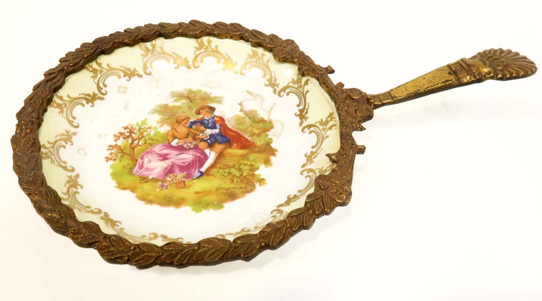 19th C. French Bronze & Porcelain Plate with handle: 19th C. French Bronze & Porcelain Plate with handle. 9.5" x 6"