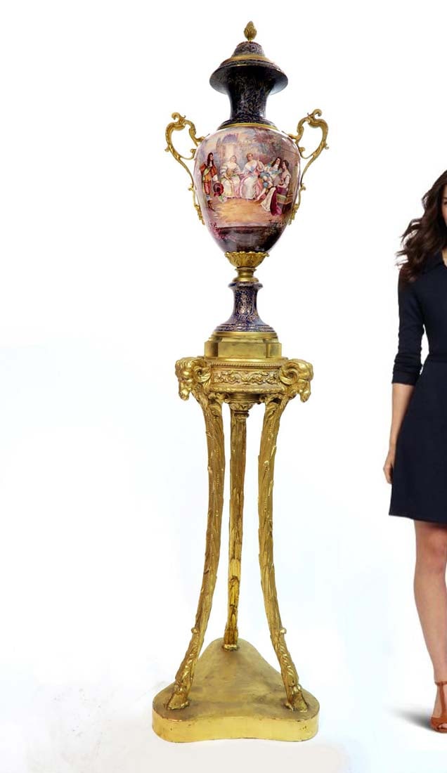 A Monumental Bronze Mounted Sevres Lidded Vase: A Monumental French Bronze mounted Sevres Hand-painted Porcelain Lidded Vase. Note: Pedestal sold separately in next lot! H 40" x W 20"