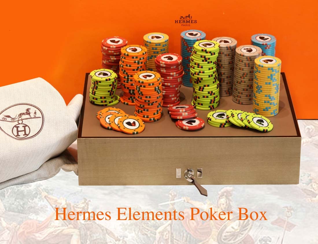 A French Hermes Elements Poker Chips W/ Sycamore Box: A French Hermes Elements Poker Chips W/ Sycamore Box. Crafted in matte grey sycamore with a cedar wood interior. L 12.5? (32cm) x H 3.14? (8cm) x D 9? (23cm)