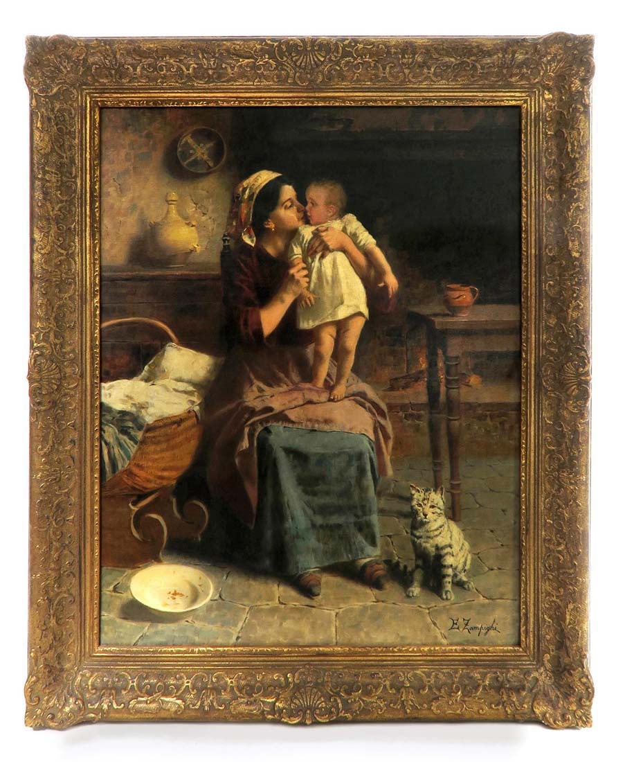 Eugenio Zampighi, Italian, 1859-1944, Oil on Canvas: Eugenio Zampighi, Italian, 1859-1944, Oil on Canvas. Frame: 29" x 24", Painting: 23" x 18"