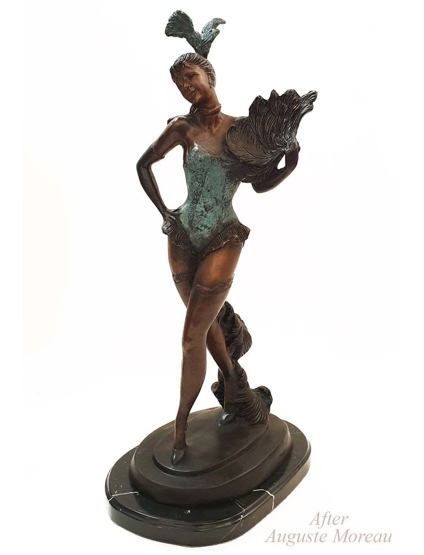 Fan Dancer, A Post Auguste Moreau Bronze Figurine: The Fan Dancer, A Large After Auguste Moreau Art Deco style Patinated Bronze Sculpture on Marble base. Signed by "A.Moreau". H 25" x 19" x 12.5". About Artist: Auguste Moreau (1834 - 1917) was a