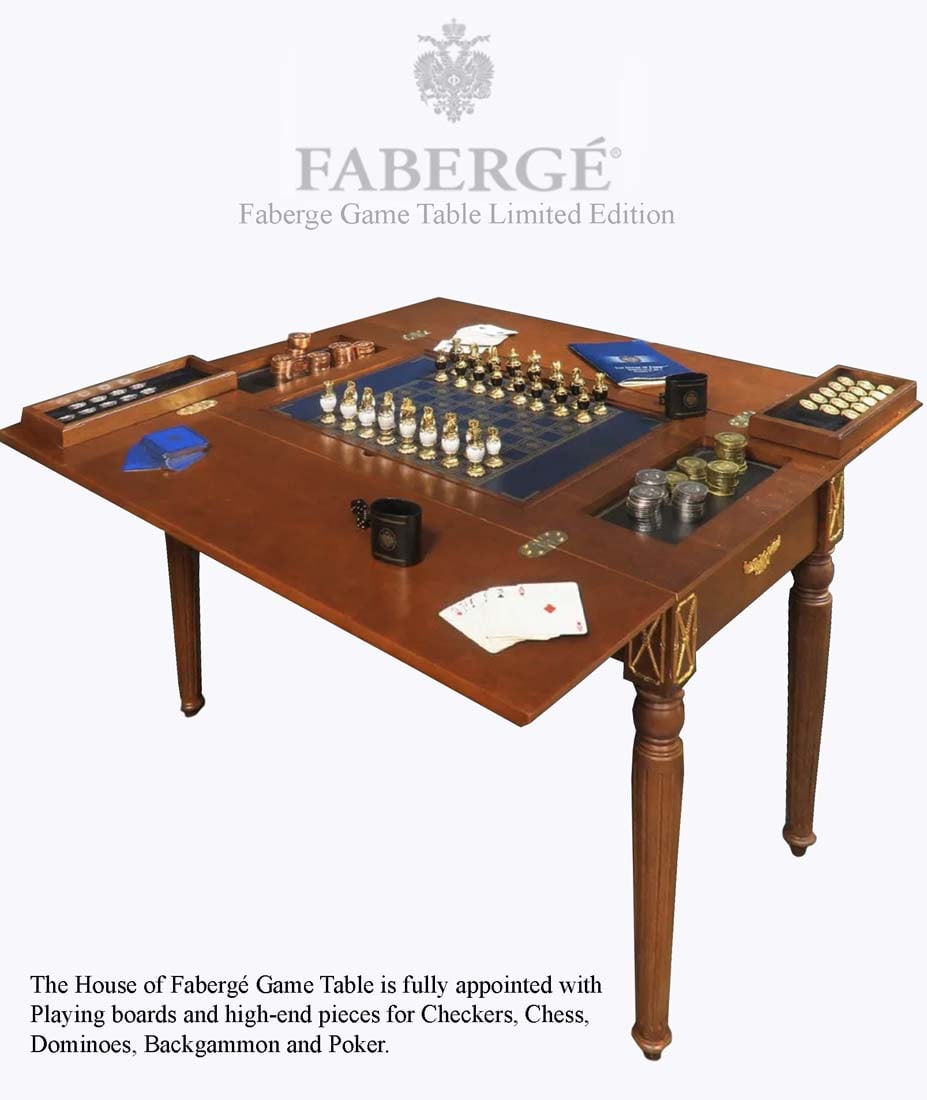 The House of Faberge 5 in 1 Game Table, Limited Edition: The House of Faberge 5 in 1 Game Table By The Franklin Mint, Limited Edition. When the table is unopened, it has the look and the feel of a fine writing desk. By simply lifting its brass-hinged leaves