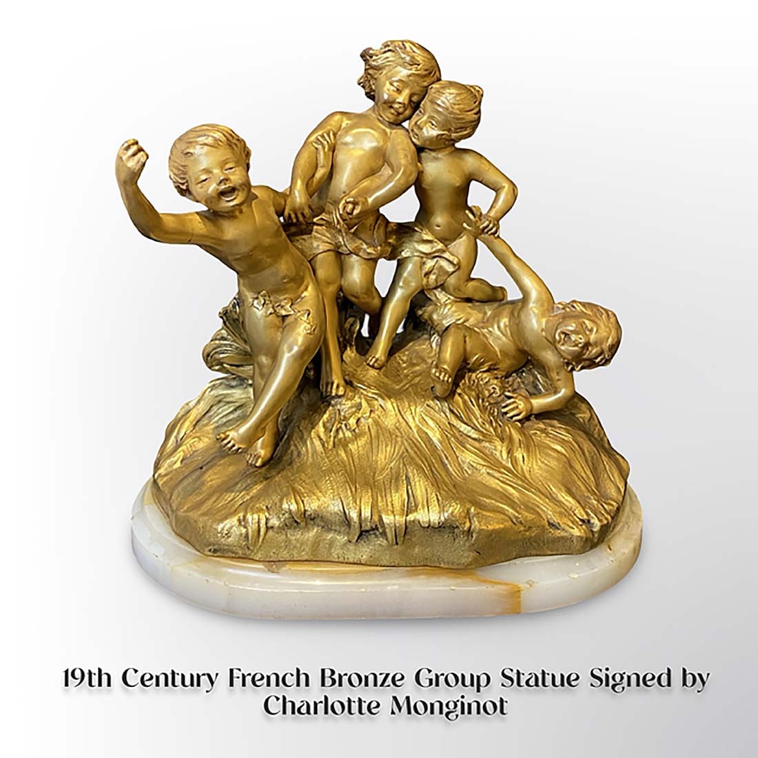 19th C. French Bronze Figurine Group Statue, Charlotte Monginot Signed: 19th Century French Bronze Group Statue Signed by Charlotte Monginot. H 10.5" x L 10.75" x W 7.5"