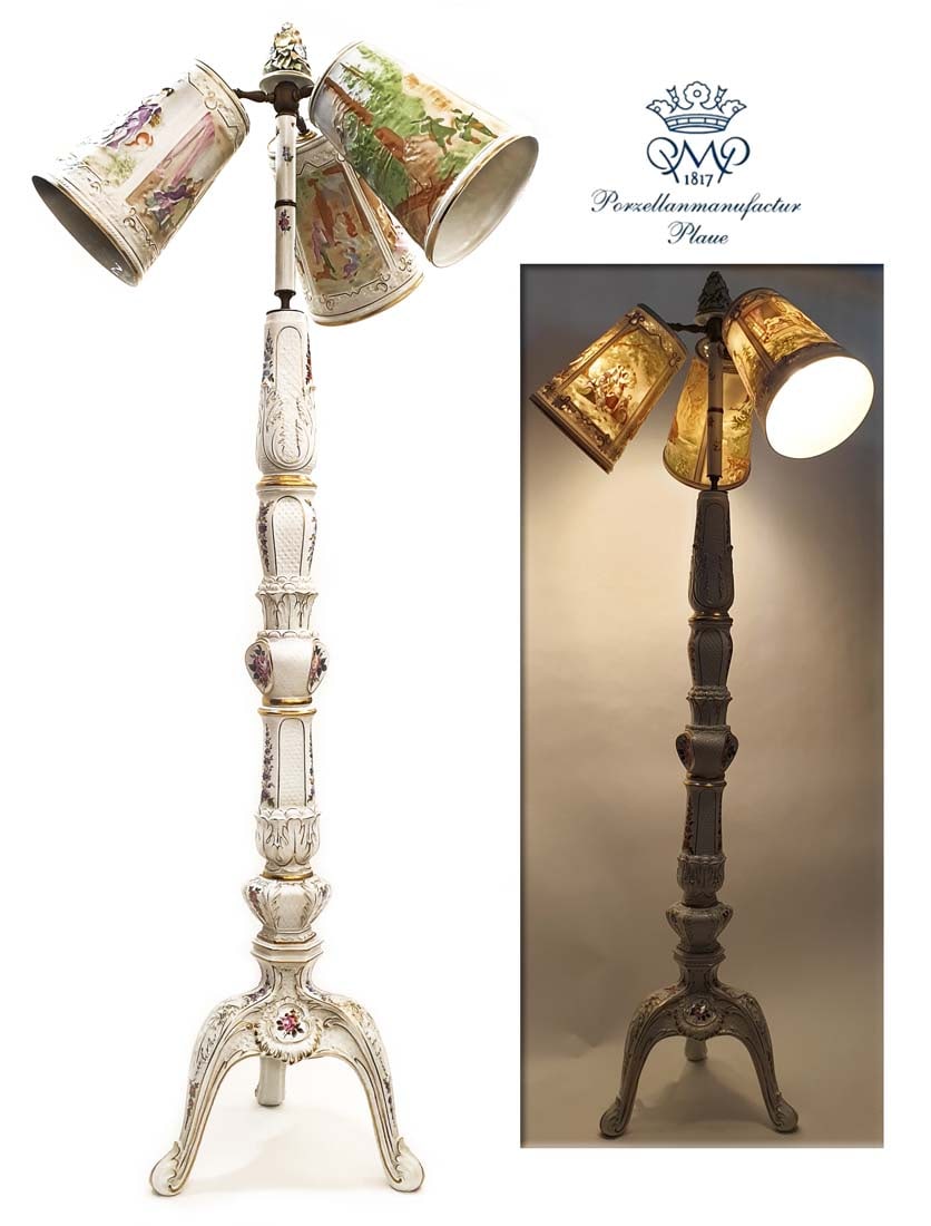 Von Schierholz Hand Painted Porcelain 3 Branches Lamp: German Von Schierholz Hand Painted on Engraved Porcelain Stand 3 Branches Lamp. Von Schierholz Porzellanmanufactur Plaue Hallmarked. "E. Bie Liug" Signed as artist. Dresden, Germany. H 64" x D 28". Ab