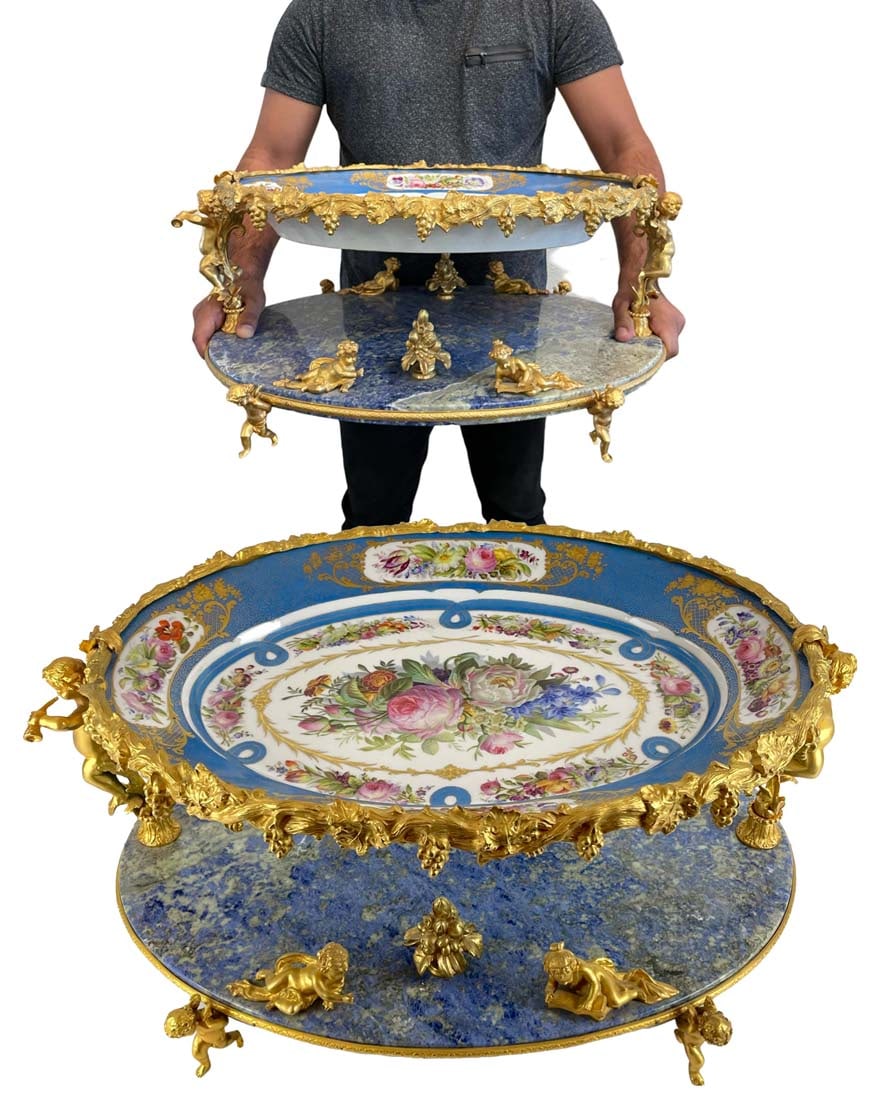 A LOUIS XV STYLE GILT BRONZE MOUNTED LAPIS LAZULI CENTERPIECE: A LOUIS XV STYLE FIGURAL GILT BRONZE MOUNTED SEVRES HAND PAINTED PORCELAIN & LAPIS LAZULI CENTERPIECE. H 10.25" x W 24" x D 16"