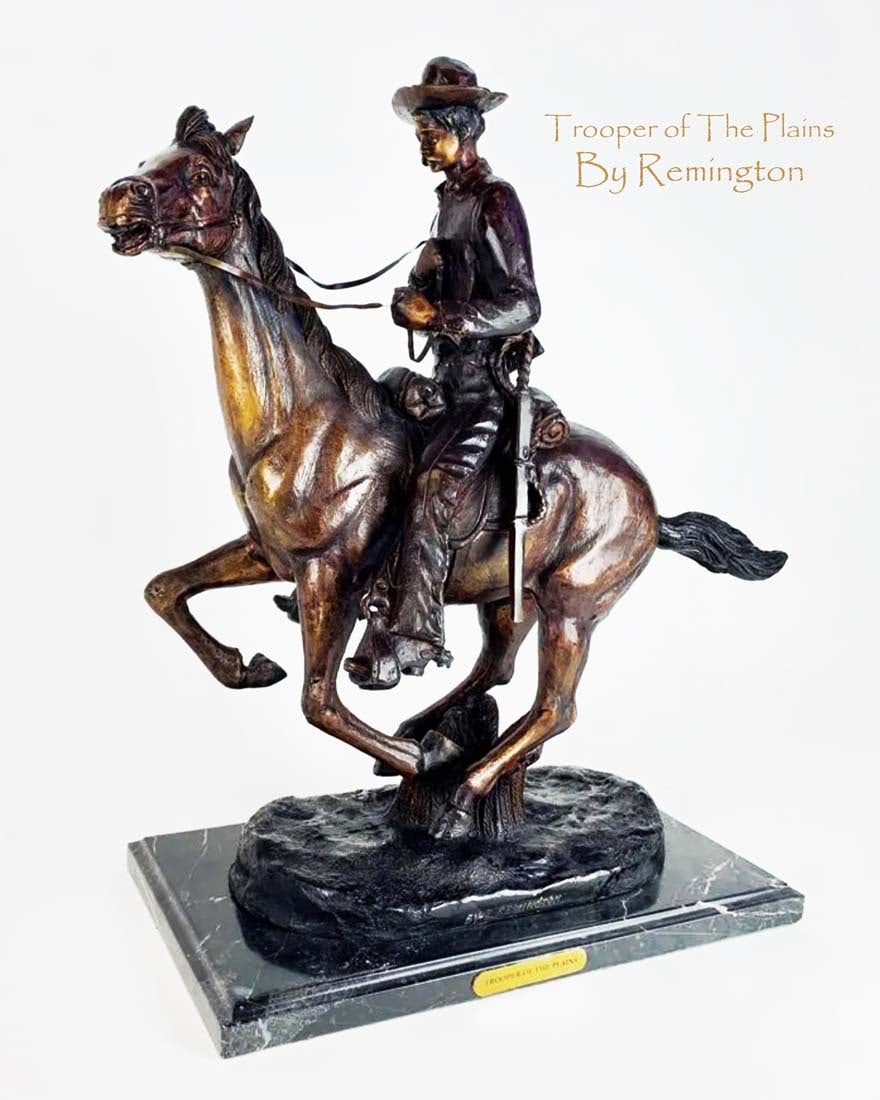Trooper of The Plains, A Large Remington Bronze Scalpture, Signed: Trooper of The Plains, A Large Remington Bronze Scalpture, Signed on marble base, H 22" x L 22" x D 9"