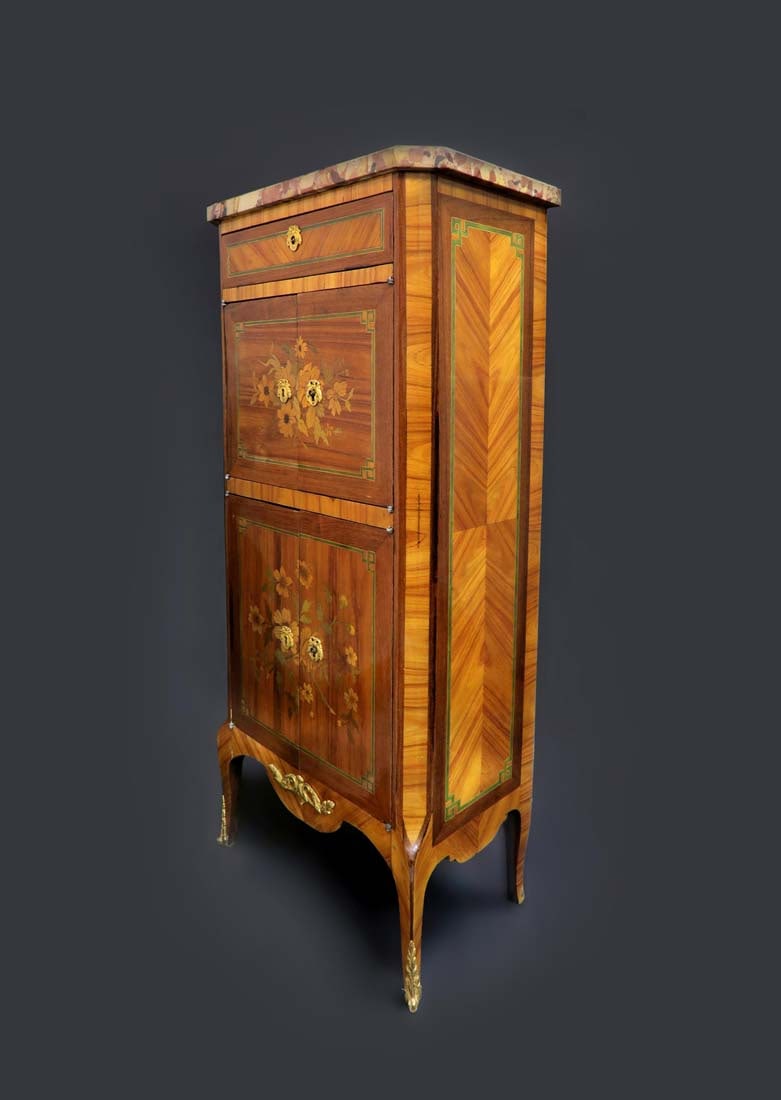 19th C. French Inlaid Marquetry Cabinet Marble Top: 19th C. French Inlaid Marquetry Cabinet Marble Top. H 40.1/4" x 19" x 11"