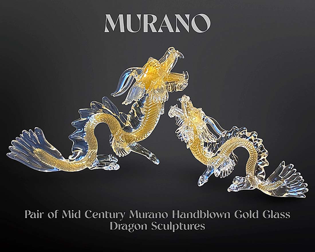 A Pair of Mid Century Murano Handblown Gold Glass Dragon Sculptures, Signed: A Pair of Mid Century Italian Murano Handblown Gold Glass Dragon Statues, Signed. Bigger: H 11" x L 16.75" x W 3.5", Smaller: H 7.25" x L 10" x W 2.75"