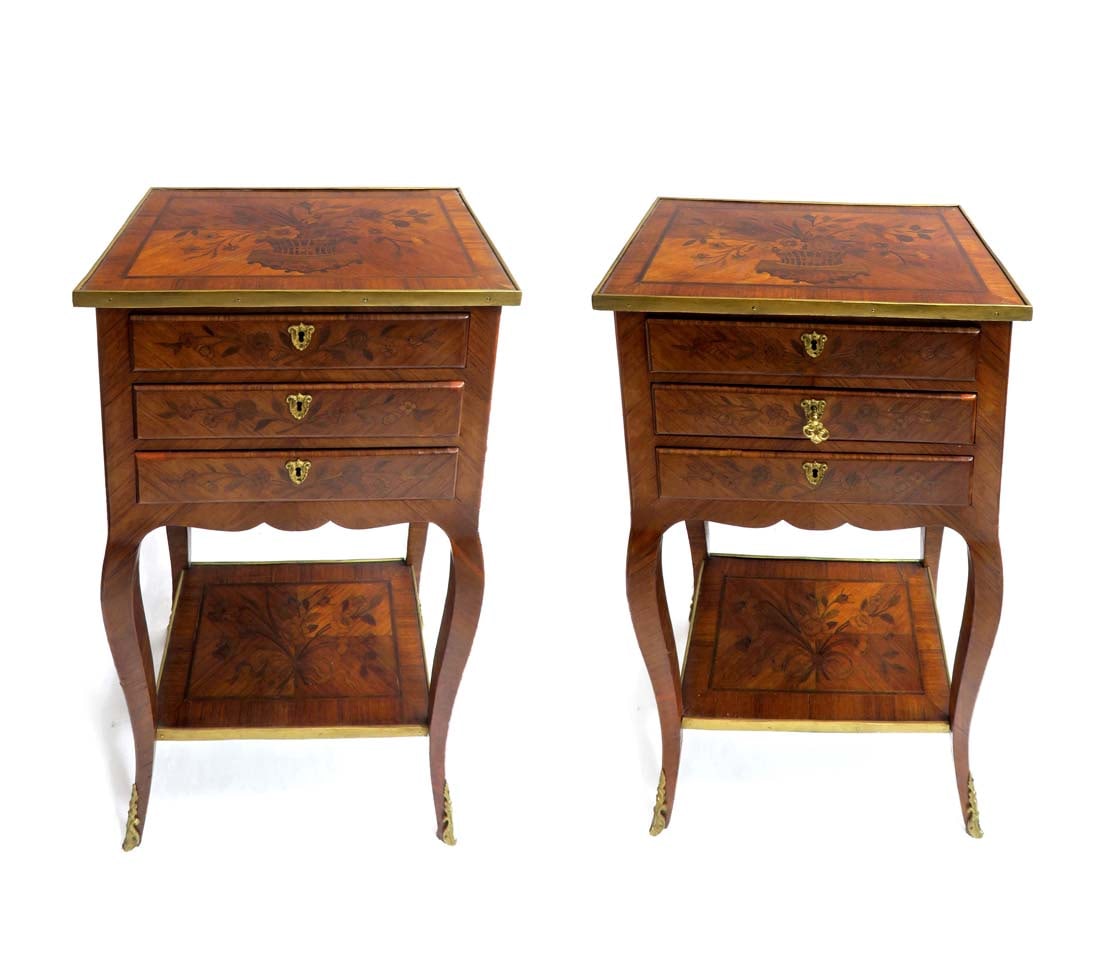 18th C. Pair of Tulipwood & Floral Marquetry Side Table: 18th C. Pair of Tulipwood & Floral Marquetry Side Tables. Attributed to Christophe Wolff, Circa 1765. H 28" x 15.1/2" x 11.1/2"