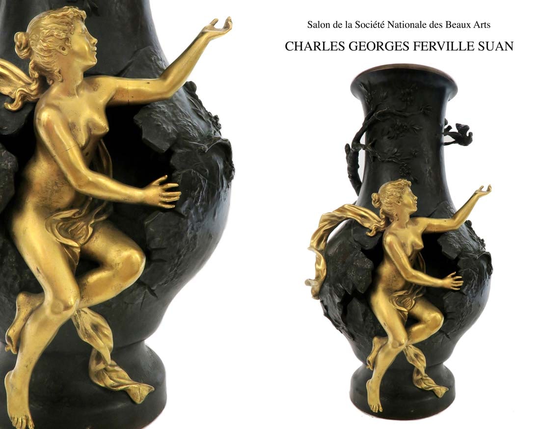 19TH C CHARLES GEORGES FERVILLE SUAN BRONZ FIGURAL VASE: 19th C. Art Nouveau CHARLES GEORGES FERVILLE SUAN BRONZE FIGURAL VASE. H 19"