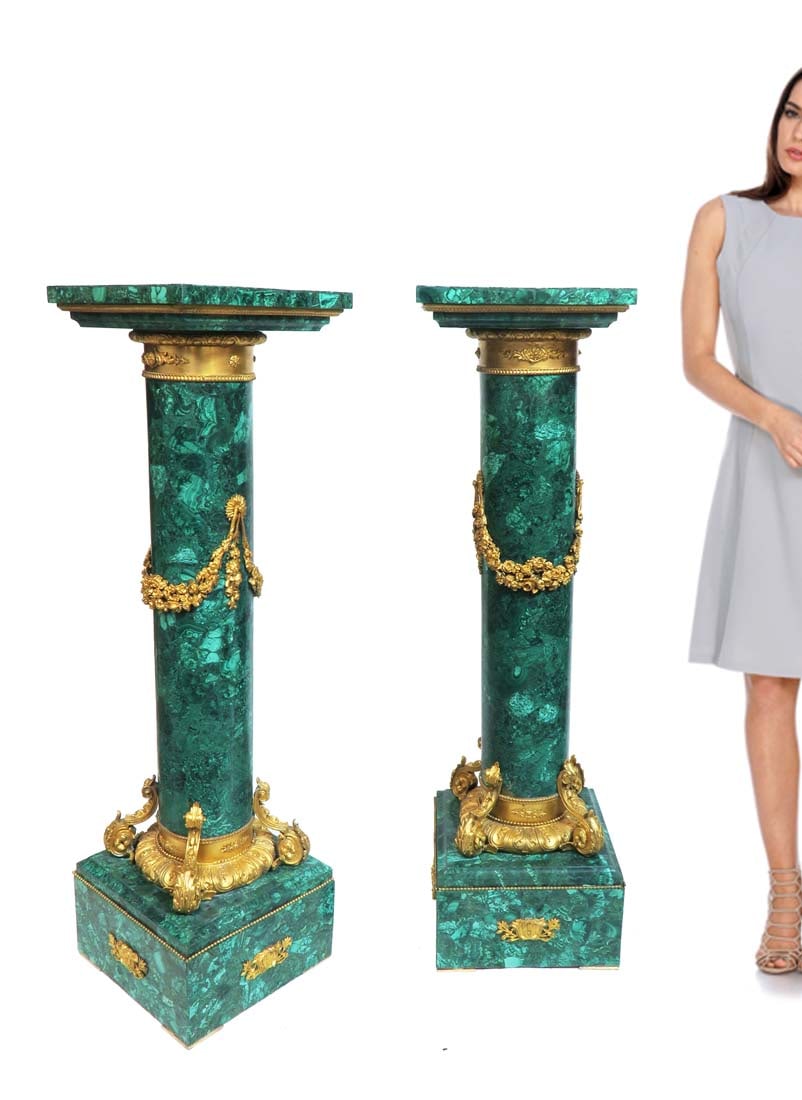 Pair of Large French Ormolu Mounted Malachite Pedestals: A Pair of Large French Ormolu (Bronze) Mounted Malachite Pedestals. H 44"