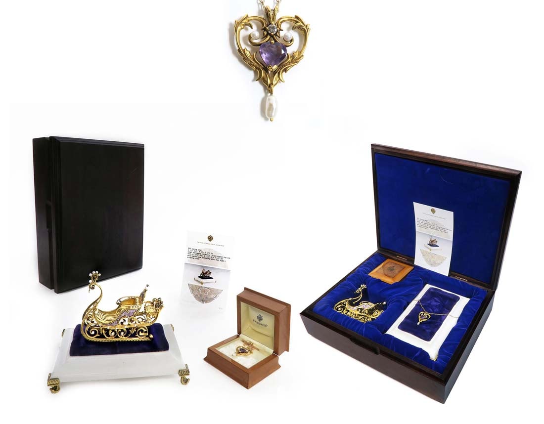 FABERGE 14K GOLD & STERLING IMPERIAL JEWELED SLEIGH: HOUSE OF FABERGE 14K YELLOW GOLD & STERLING IMPERIAL JEWELED SLEIGH with Certificate of Authenticity.
