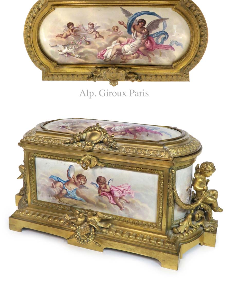 A. Giroux Enamel-Copper Figural Gilt Bronze Jewelry Box: 19th C. French Enamel on Copper Figural Gilt Bronze Jewelry Casket Box, signed Alp. Giroux. 13" x 6.1/2" x H 6.1/2"