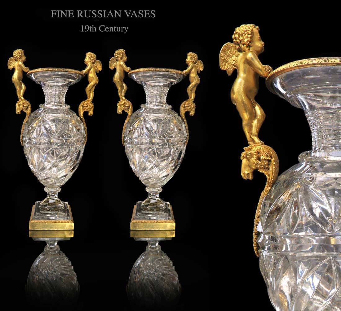 A PAIR OF RUSSIAN BRONZE CUT CRYSTAL VASES. 19TH C. (1 of 1)