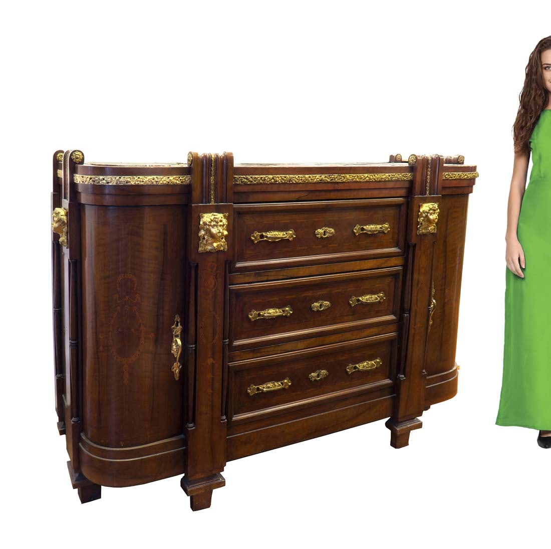 French Figural Bronze Marquetry Inlaid & Marble Commode: Late 19th C. French Figural bronze Marquetry Inlaid, Marble Top Commode/Cabinet. 64" x 23" x H 42.1/2"