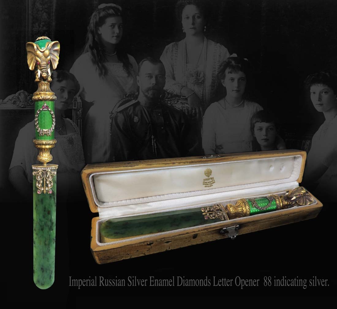Russian Imperial Silver Enamel Diamonds Letter Opener: Russian Imperial Faberge style Silver Enamel Diamonds Letter Opener with silver Elephant. Comes in presentation original box and Stamped on blade 88 indicating silver. H 9.1/2"