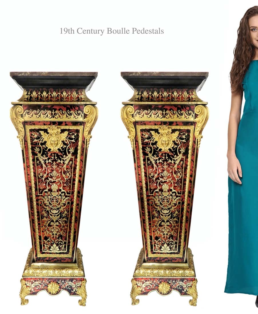 A Pair of 19th Century French Boulle Inlaid Pedestals: A Pair of 19th Century French Boulle Inlaid Pedestals. H 48"
