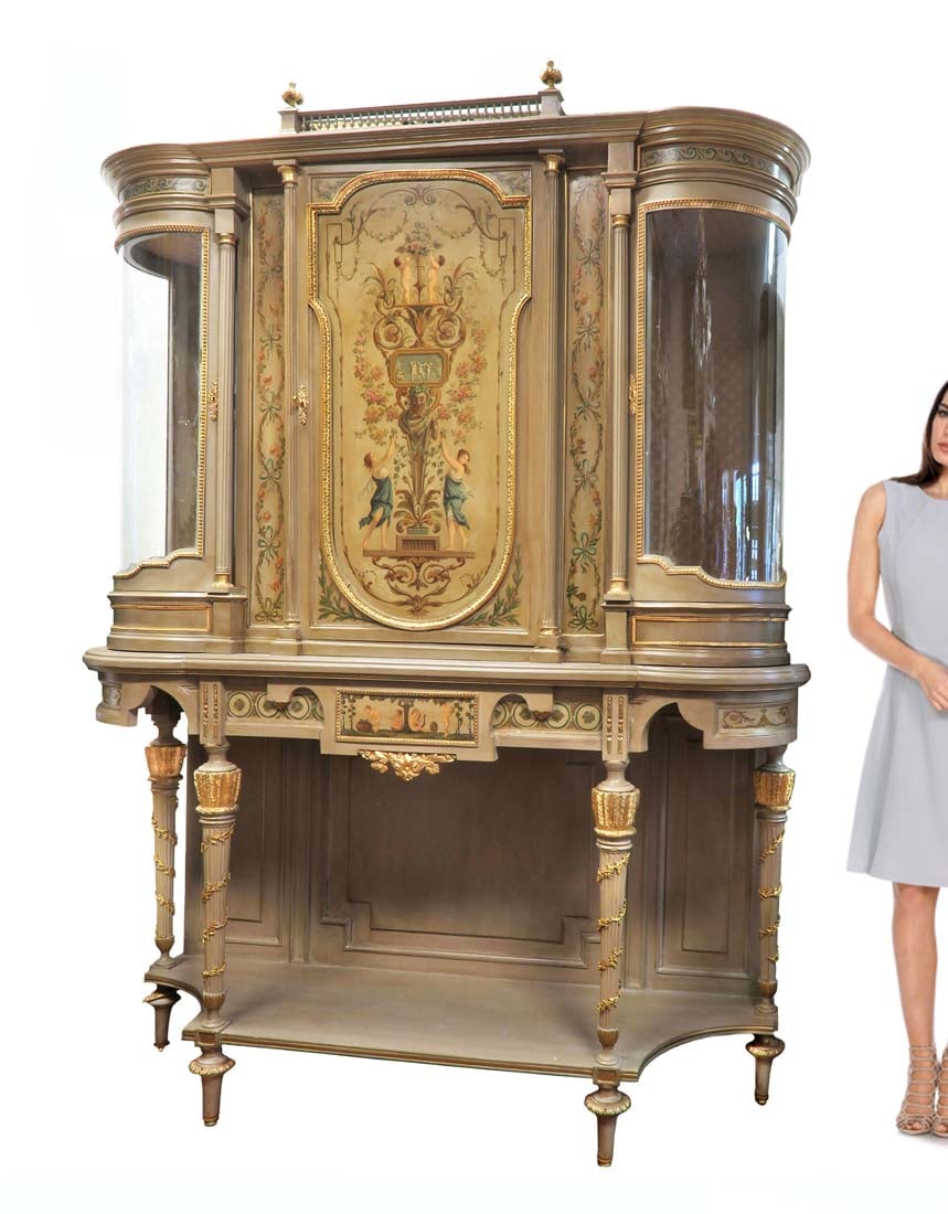 A Large 19th C. French Hand Painted Vitrine Cabinet: A Large 19th C. French Hand Painted & Bronze Vitrine Cabinet. H 84" x 63" x 20"