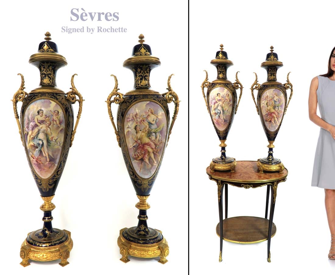 Large 19th C. Pair of Bronze Mounted Sevres Vases: Large 19th C. Pair of Bronze Mounted Sevres Hand Painted Porcelain Vases. Signed by Rochette. NOTE: The base is NOT included! H 36"