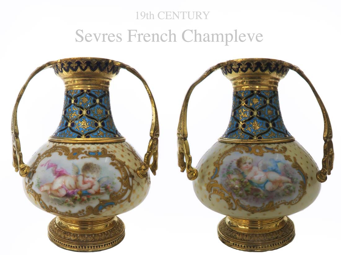 A PAIR OF CHAMPLEVE ENAMEL BRONZE & SEVRES VASES: 19th C. PAIR OF FRENCH CHAMPLEVE ENAMEL BRONZE & SEVRES PORCELAIN VASES. H 5"