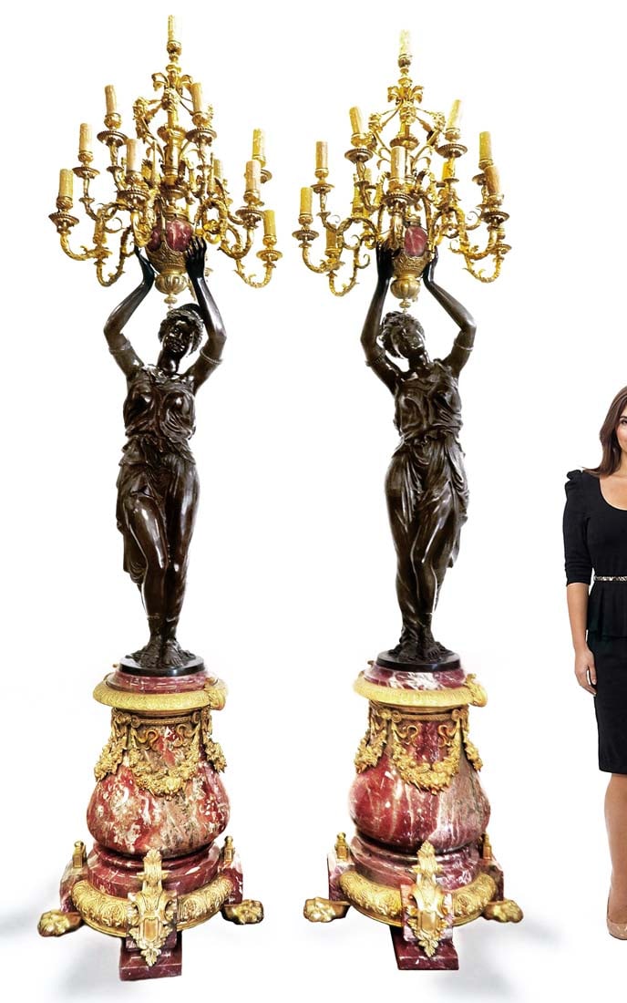 A Pair of Monumental French Bronze/Rouge Marble Torchiere Lamps: A PAIR OF MONUMENTAL FRENCH PARCEL-GILT AND PATINATED BRONZE AND ROUGE MARBLE THIRTEEN-LIGHT TORCHIERE LAMPS. AFTER THE MODELS BY ALBERT-ERNEST CARRIER-BELLEUSE, 20TH CENTURY. H 110" x W 27". A