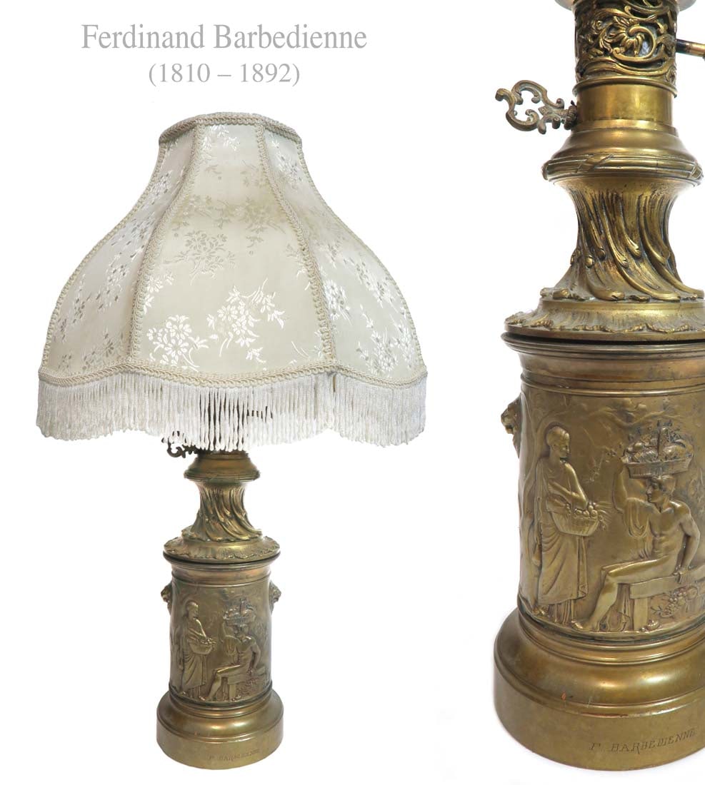 19th C French Ferdinand Barbedienne Bronze Lamp, Signed: 19th C. French Ferdinand Barbedienne (1810-1892) Bronze Lamp, Signed. H 27"